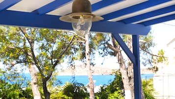 A covered outdoor seating area with a table and chairs, a hanging light fixture, and a view of the sea and trees.