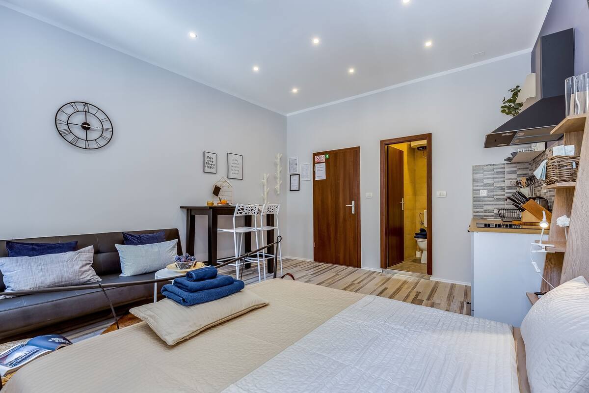 Estudio urbano, 1 cama Queen size (2) | Escritorio, insonorización, tabla de planchar con plancha y wifi gratis 