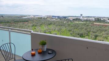 Ein Balkon mit rundem Tisch und zwei Stühlen, mit Blick auf eine grüne Landschaft mit Bäumen und Gebäuden in der Ferne.