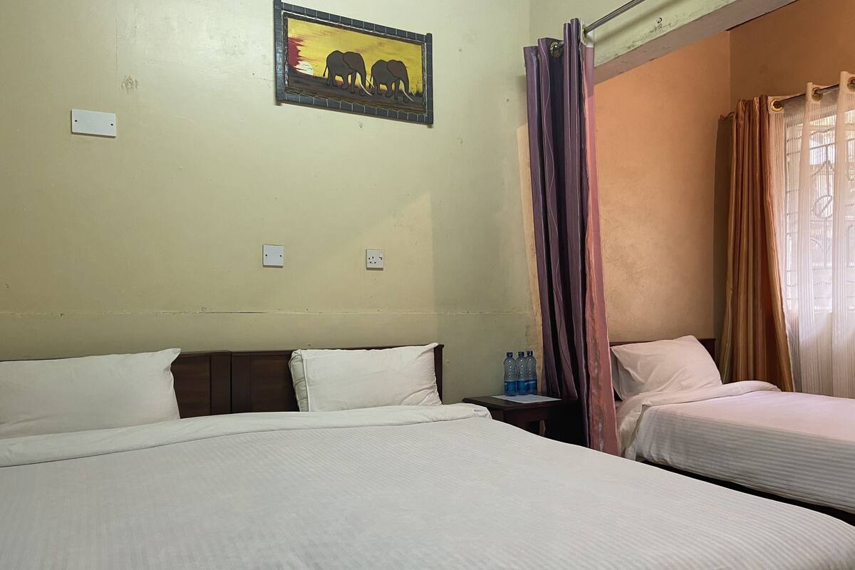 A hotel room with two beds, a nightstand with water bottles, a power outlet, and a wall-mounted picture of elephants.