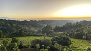 A lush green landscape with rolling hills and a clear sky.