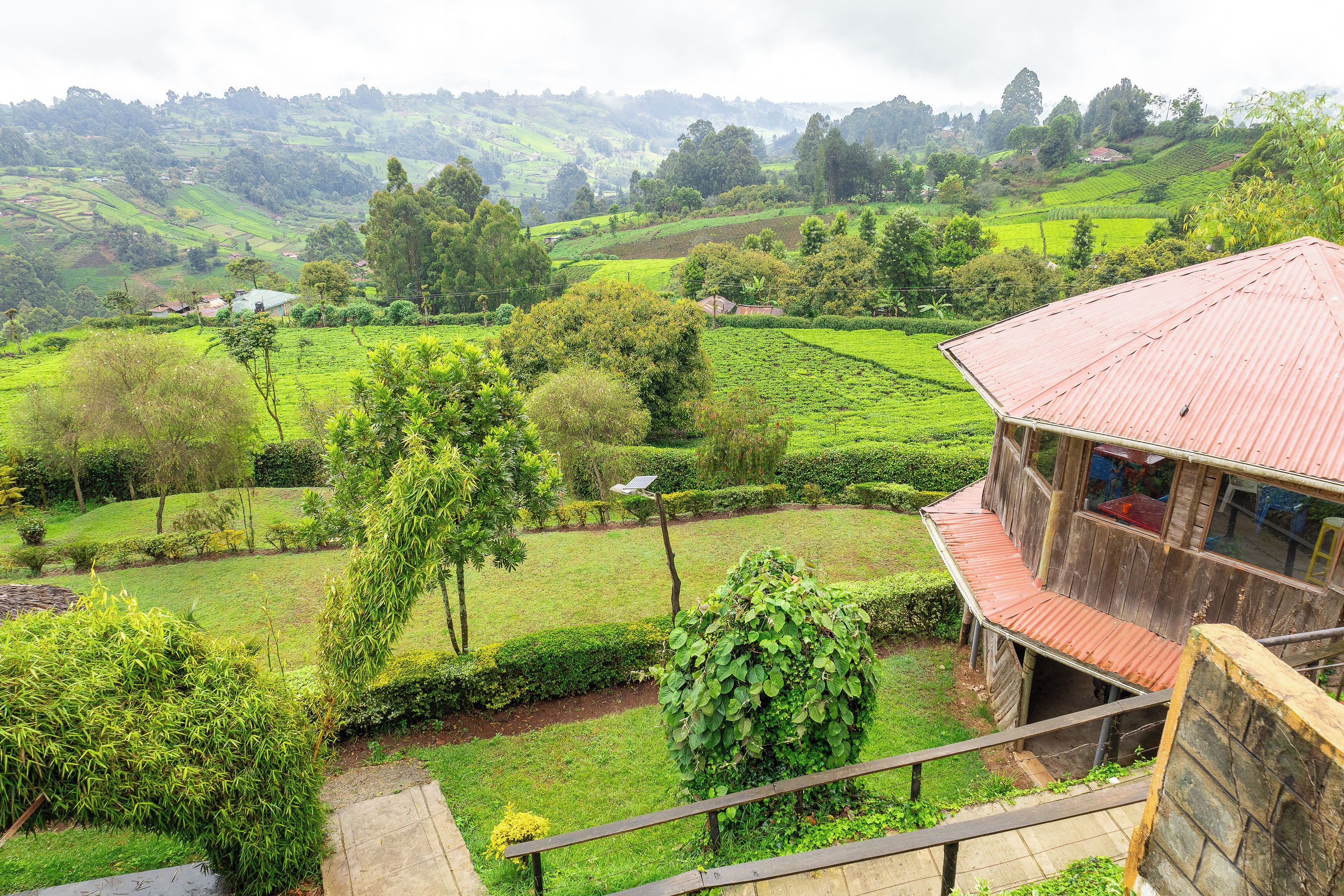 A rural landscape with terraced fields and a wooden building with a red roof.