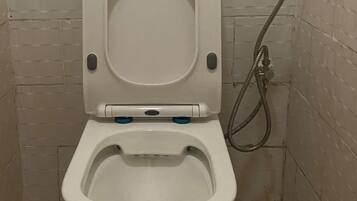 A toilet with a bidet attachment and a shower hose.