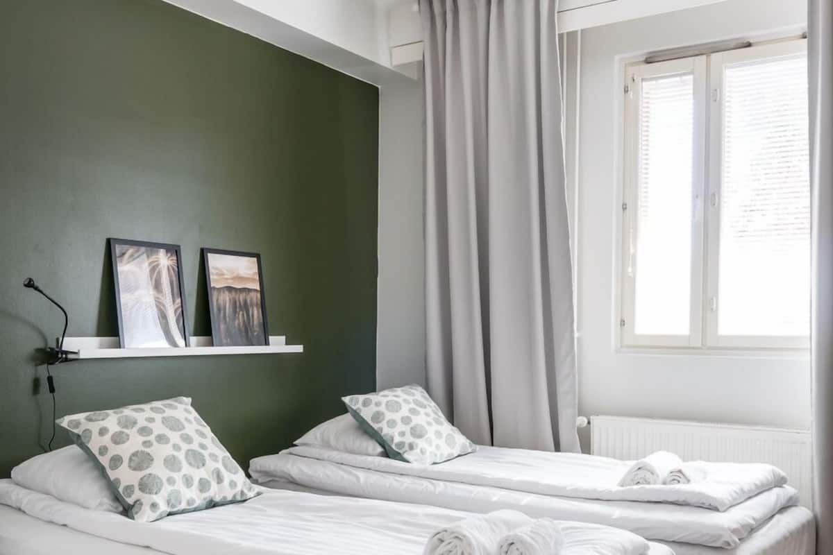 1 bedroom, blackout drapes, soundproofing, iron/ironing board