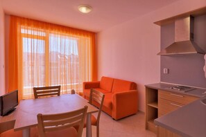 A compact kitchen with a dining area, a sofa, and a TV.