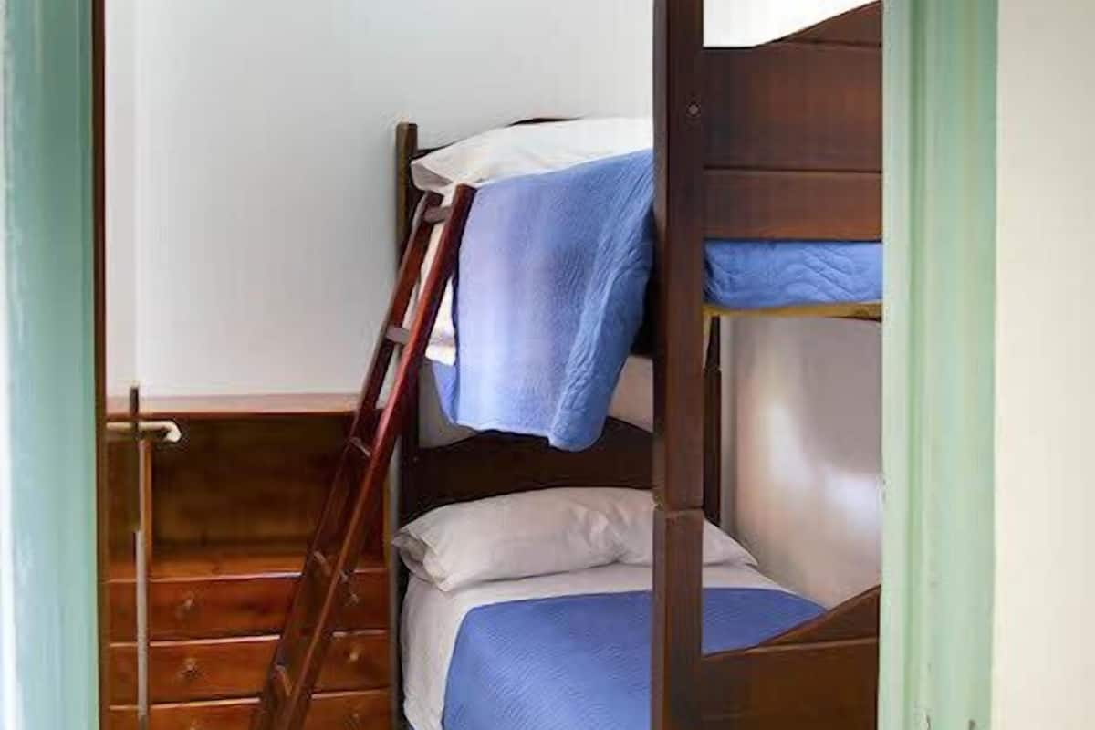 A bunk bed with a wooden ladder, a blue blanket, and a framed picture on the wall.