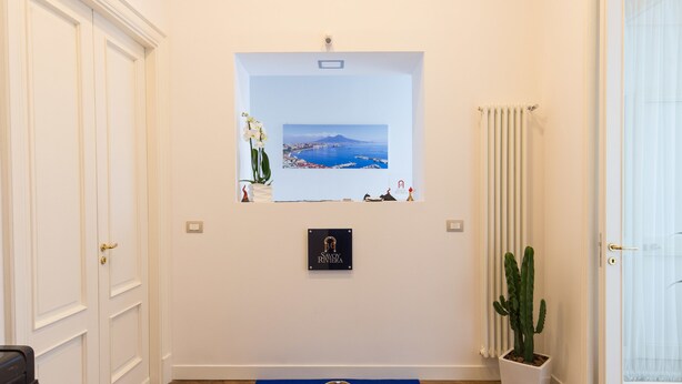 A hallway with a framed picture of a coastal landscape, a potted cactus, and a doormat with the hotel name. - Savoy Riviera (Naples)