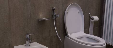 A modern bathroom with a bidet, a toilet, and a shower.