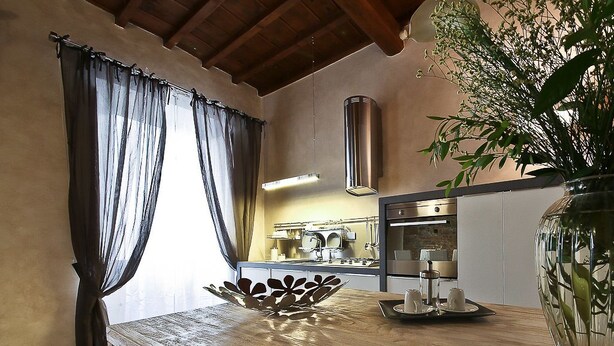 A kitchen with a wooden countertop, a decorative metal bowl, a vase with green plants, and a modern stove. - Giglio Santa Trinita (Florence)