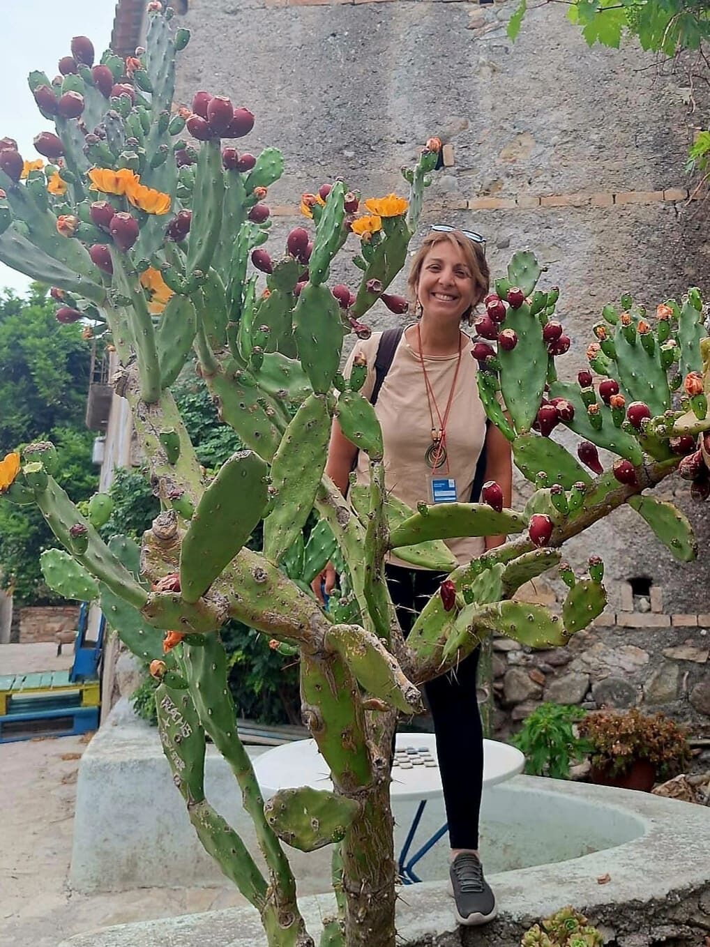 Una persona in piedi accanto a un cactus con fiori e frutti.