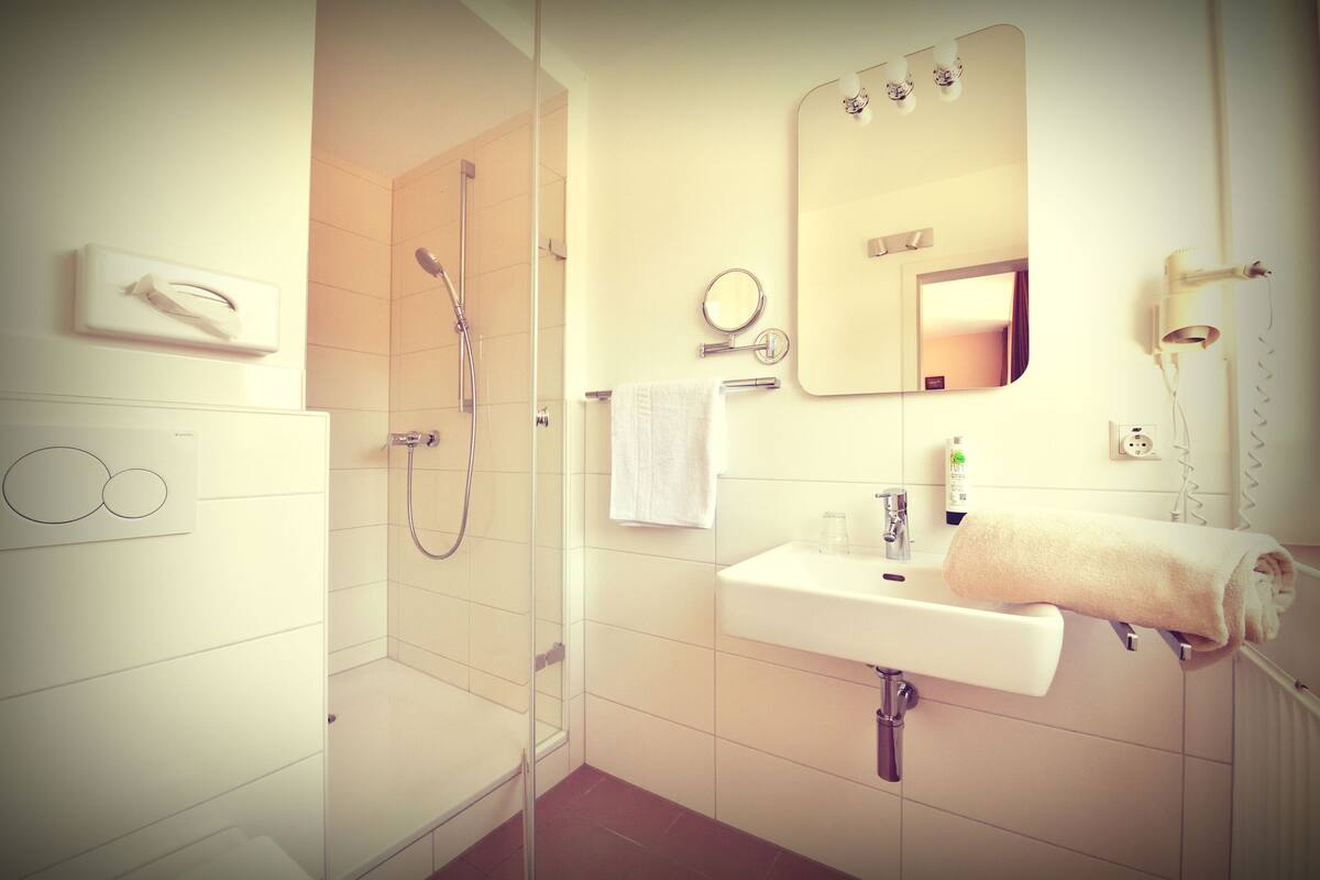 shower, free toiletries, hair dryer, towels