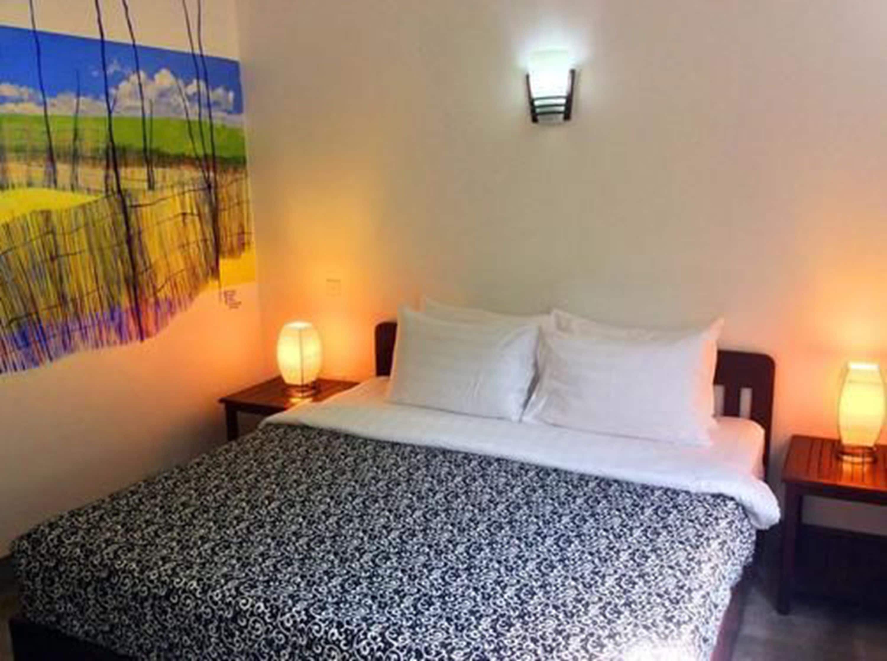 Un dormitorio con una cama, dos lámparas de noche, una lámpara de pared y un cuadro de paisaje.