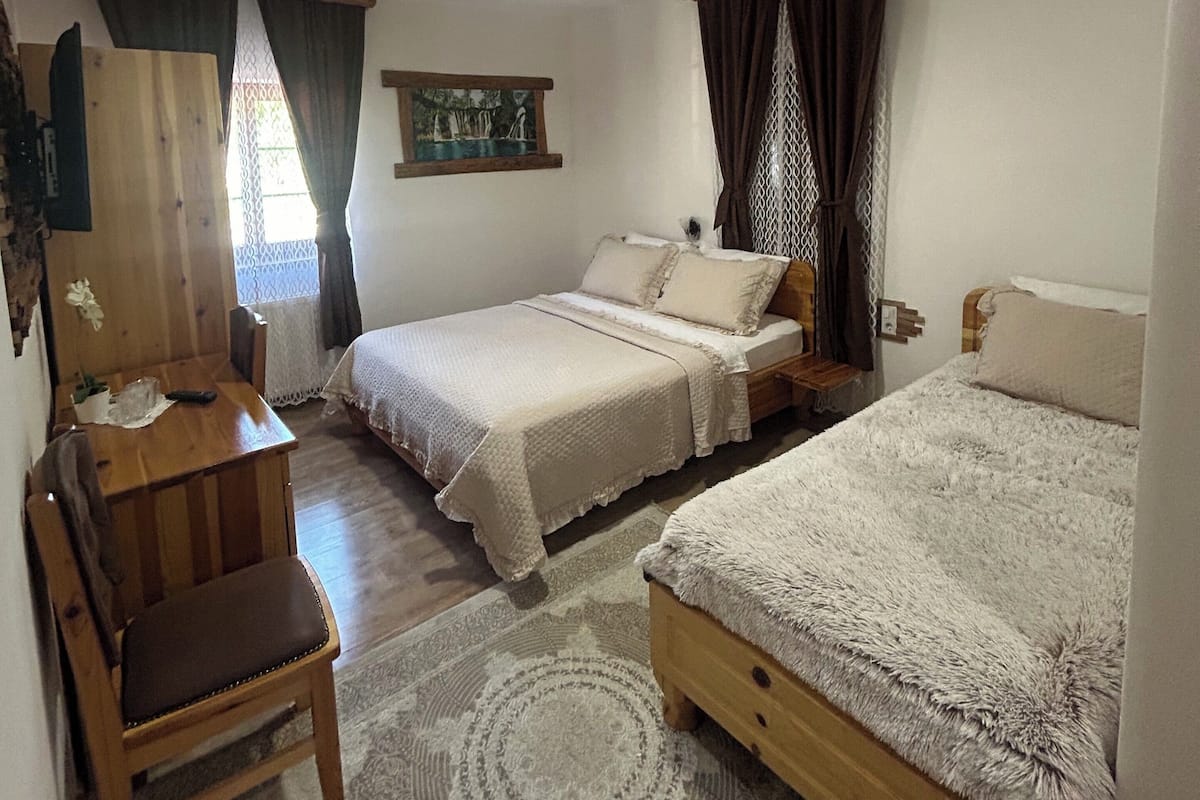 A bedroom with two beds, a wooden desk, a chair, and a patterned rug.