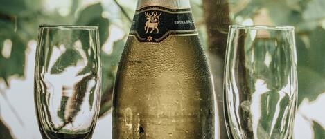 A bottle of Royal Hill champagne with two empty glasses beside it, placed on a ledge with a view of trees.