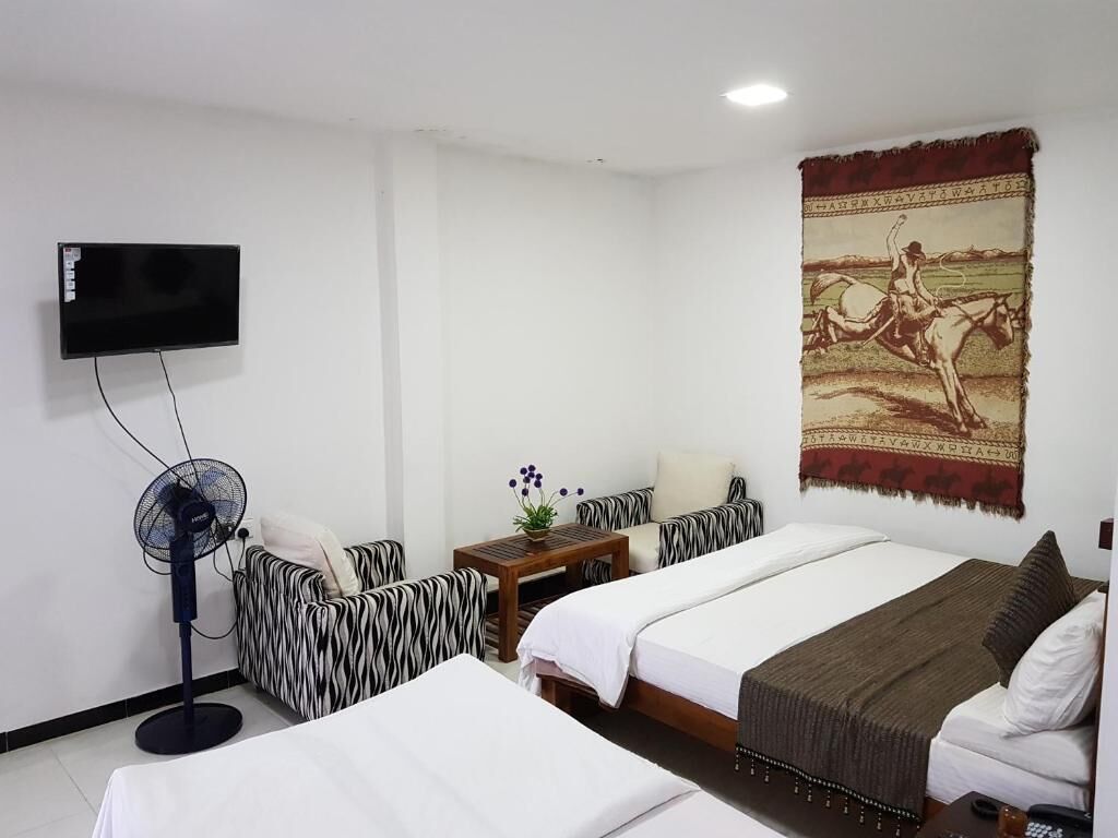 Hotelkamer met twee bedden, een flatscreen televisie, een staande ventilator, een stoel met zebraprint, een klein houten tafeltje met een plant en een wandtapijt met een cowboyscène.