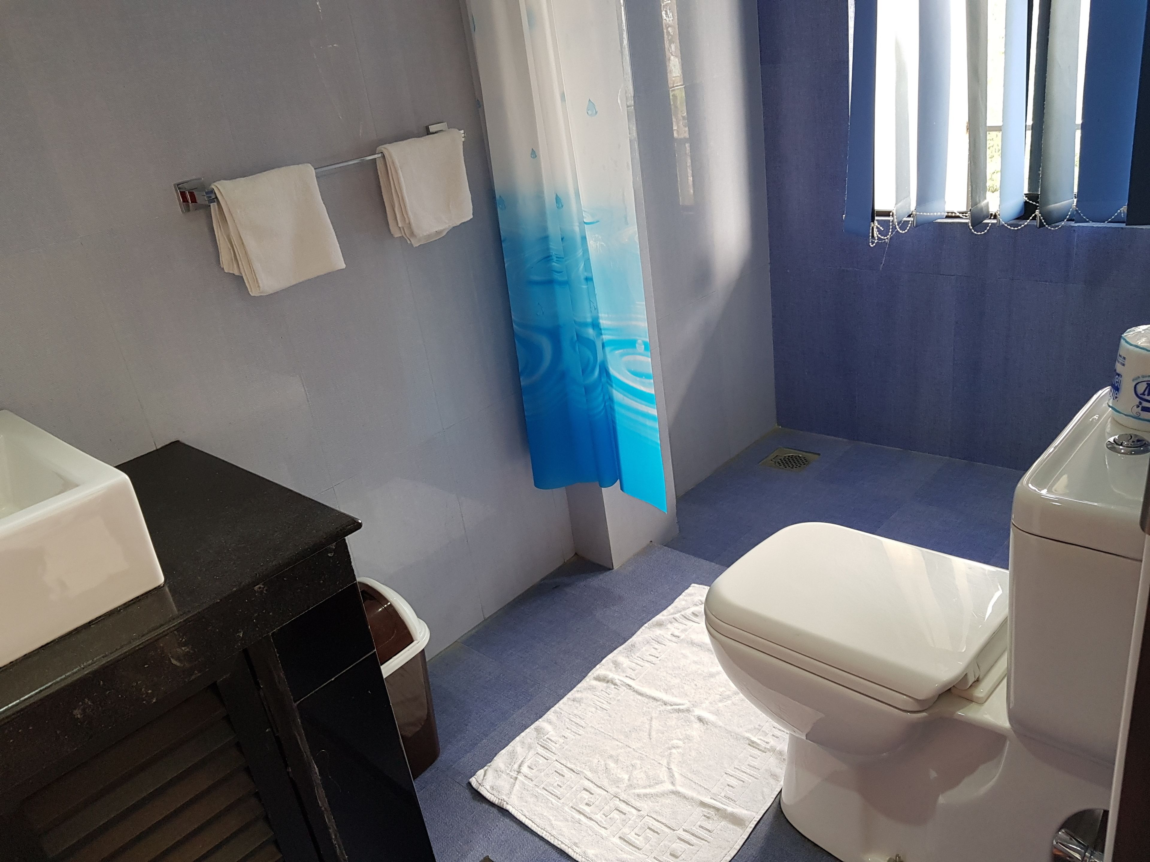 Un baño con inodoro, lavamanos y perchero para toallas.