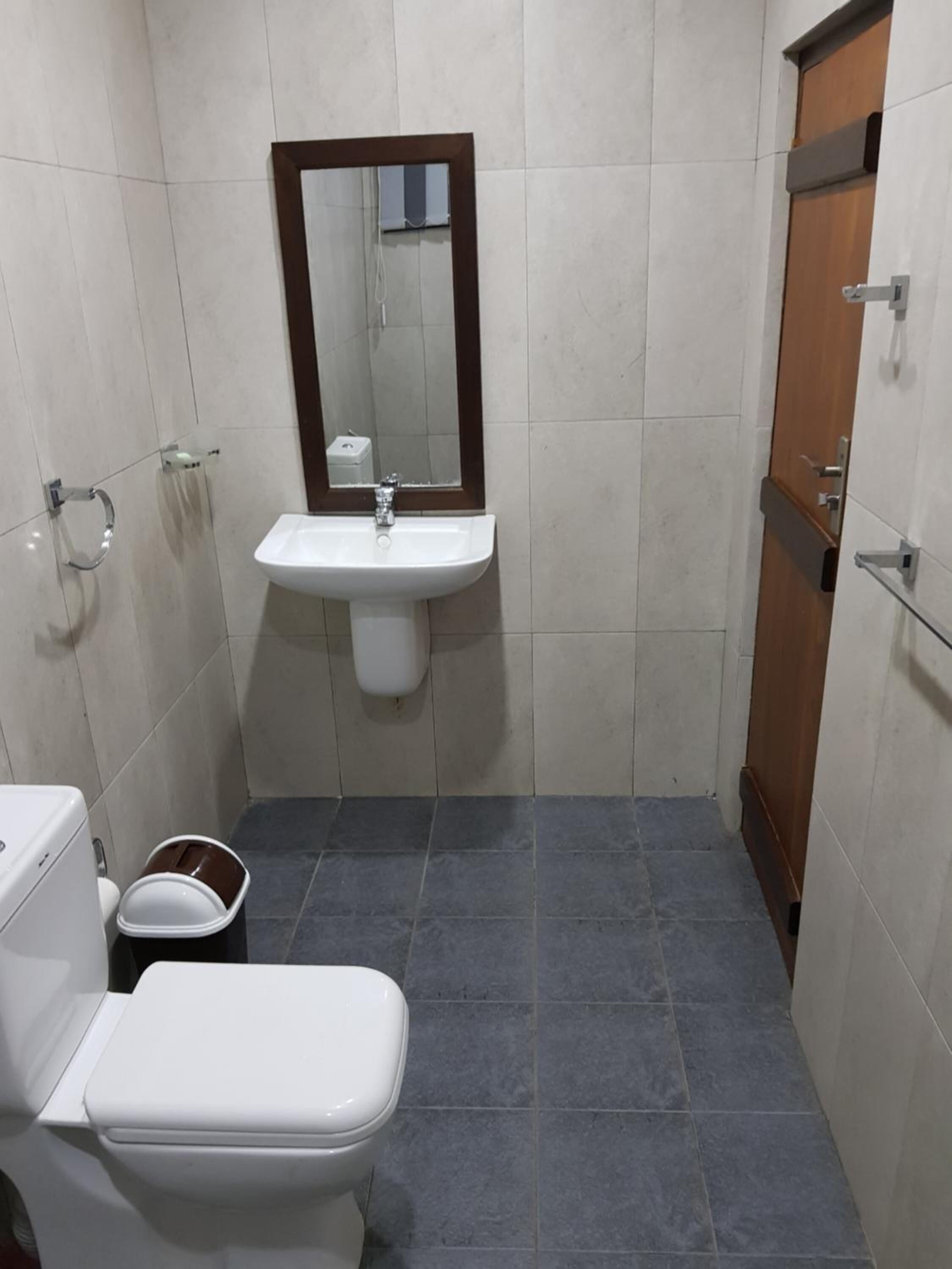 Une petite salle de bain avec des toilettes blanches, un lavabo surmonté d’un miroir et une porte en bois.