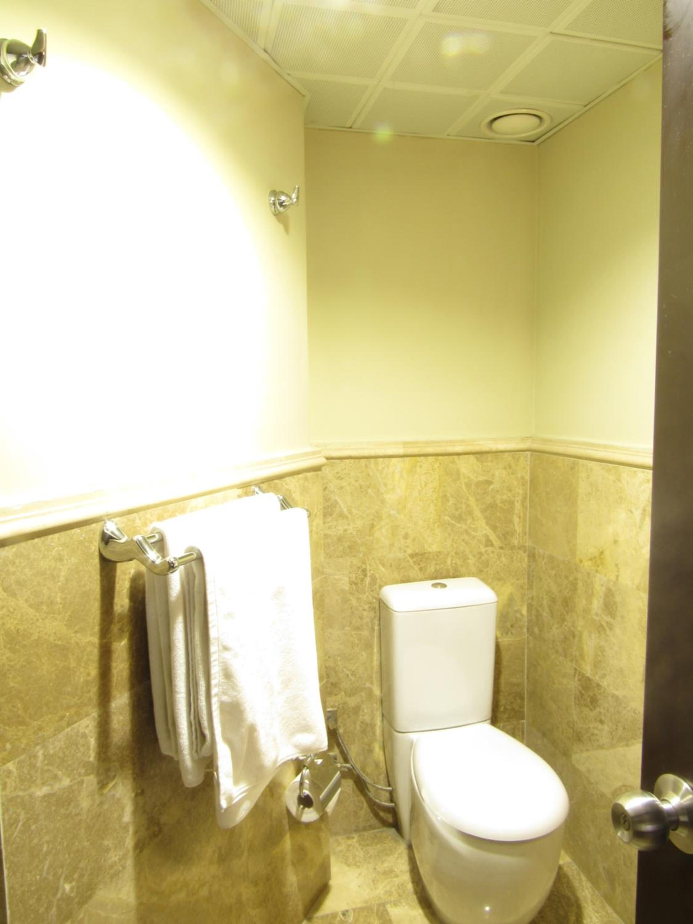 Un baño pequeño con inodoro, un perchero con toallas y una pared de mármol.