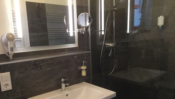 A modern bathroom with a white sink, a handheld showerhead, and a mirror. - Weingut Pension Bastian (Brauneberg)