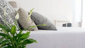 A neatly made bed with a white duvet, grey pillows, and a patterned pillow. A plant with green leaves is in the foreground. - Taggarb B&B (Naples)