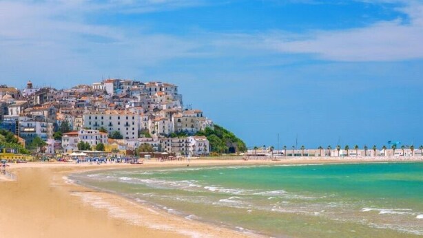 Une ville côtière avec des bâtiments construits sur une colline surplombant la plage.
