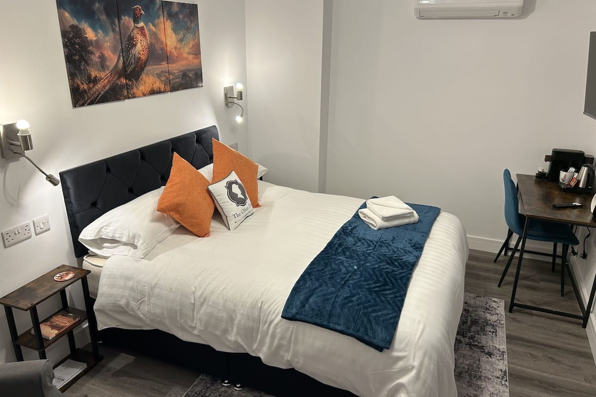 A neatly made bed with white linens, a blue throw blanket, and two orange pillows. There is a small bedside table with a lamp, a wall-mounted air conditioner, and a painting above the bed.