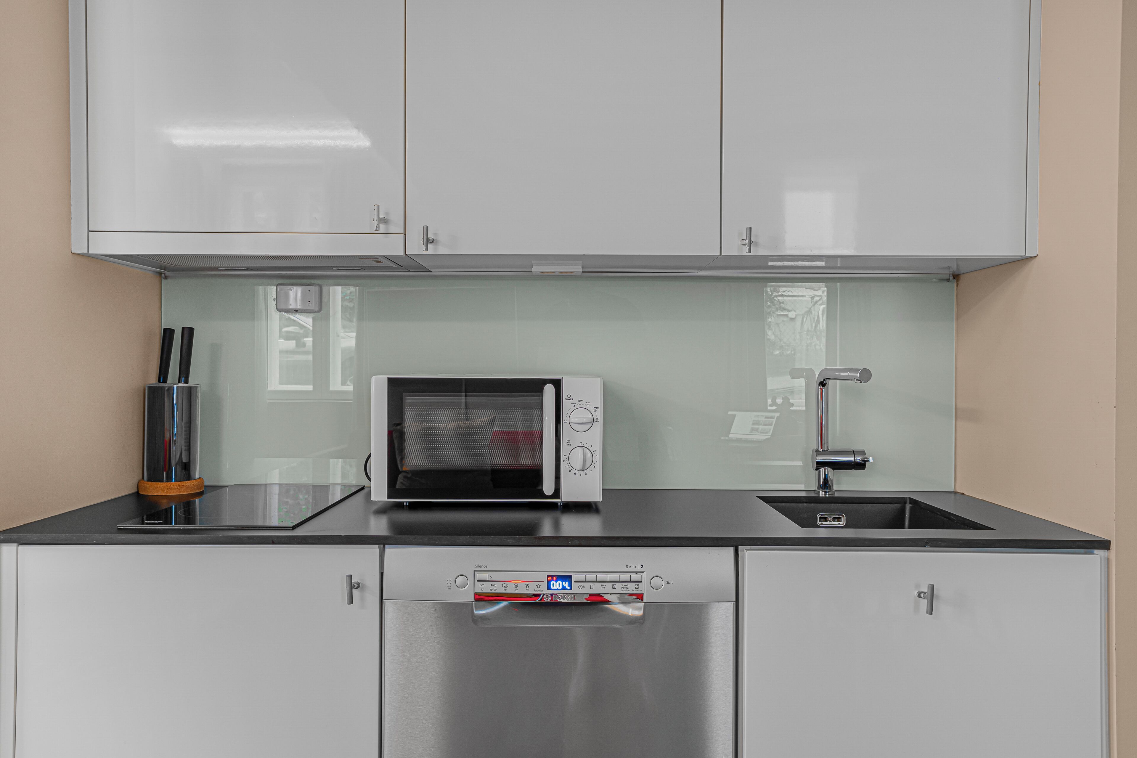 Une cuisine avec des meubles blancs, un lave-vaisselle en acier inoxydable et un four à micro-ondes.