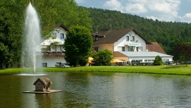 A hotel with a restaurant, a fountain, and a thatched-roof structure on a lake. - Hotel Pappelhof (Weidenbach)