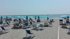 Una playa con filas de tumbonas y sombrillas, cielo despejado y el océano al fondo.
