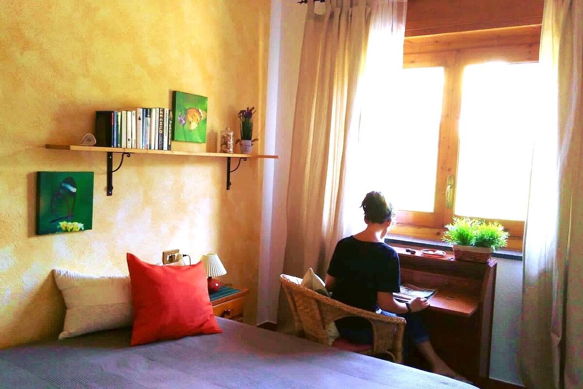 Une pièce comprenant un lit, un bureau, une fenêtre avec des rideaux et une étagère avec des livres et un vase.