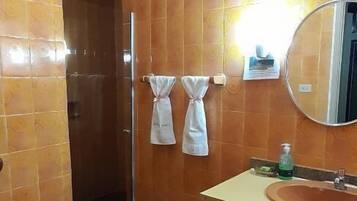 A bathroom with a toilet, sink, and shower.