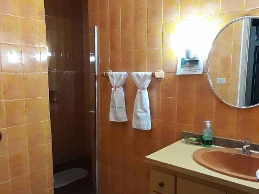 Un baño con inodoro, lavamanos y ducha.