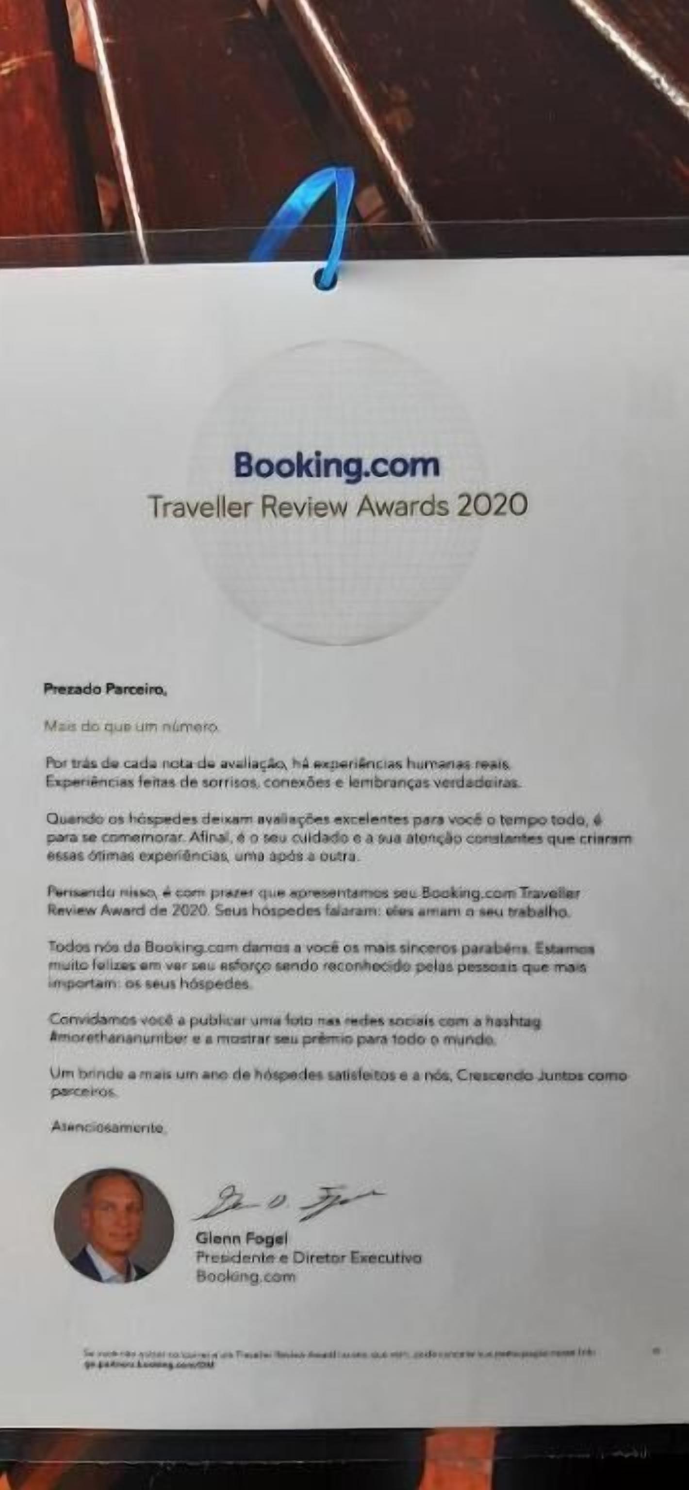 Et certifikat fra Booking.com for Traveller Review Awards 2020.