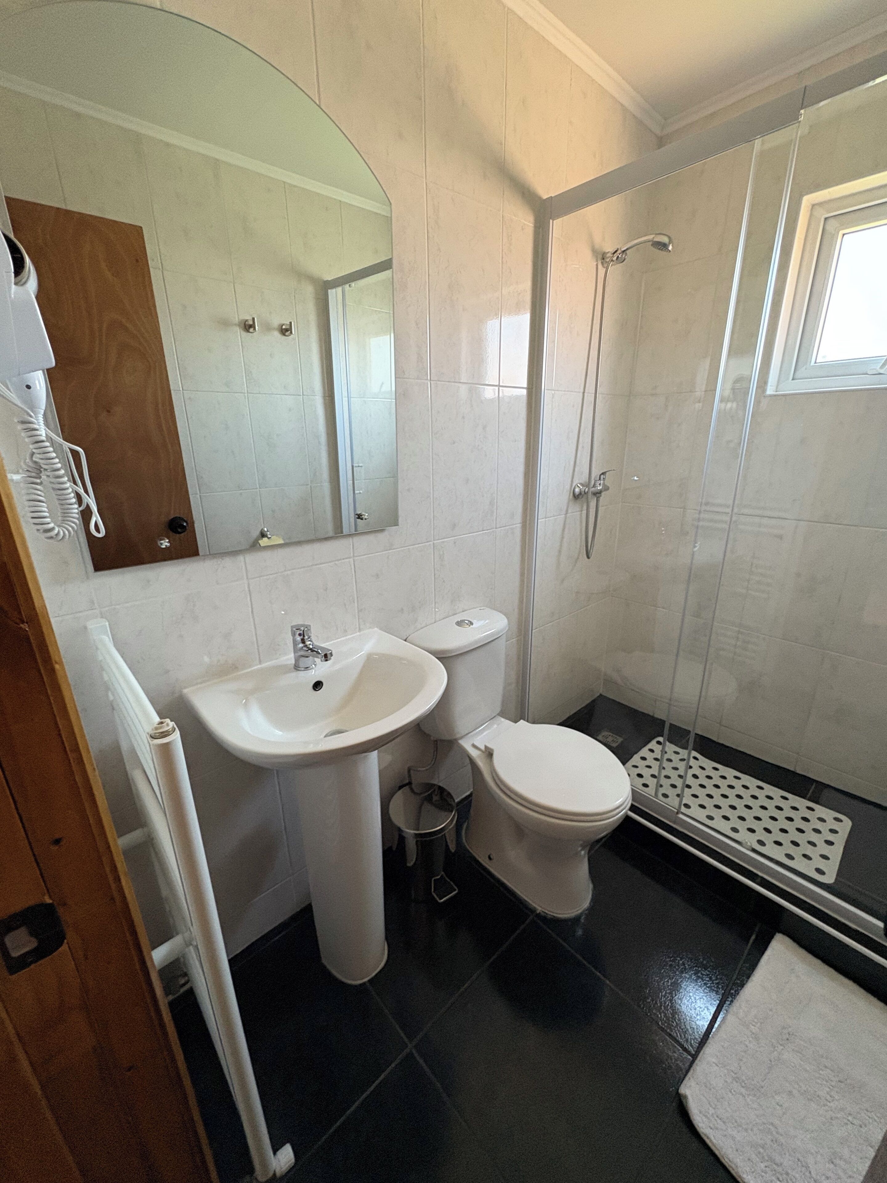 A bathroom with a sink, toilet, and shower.
