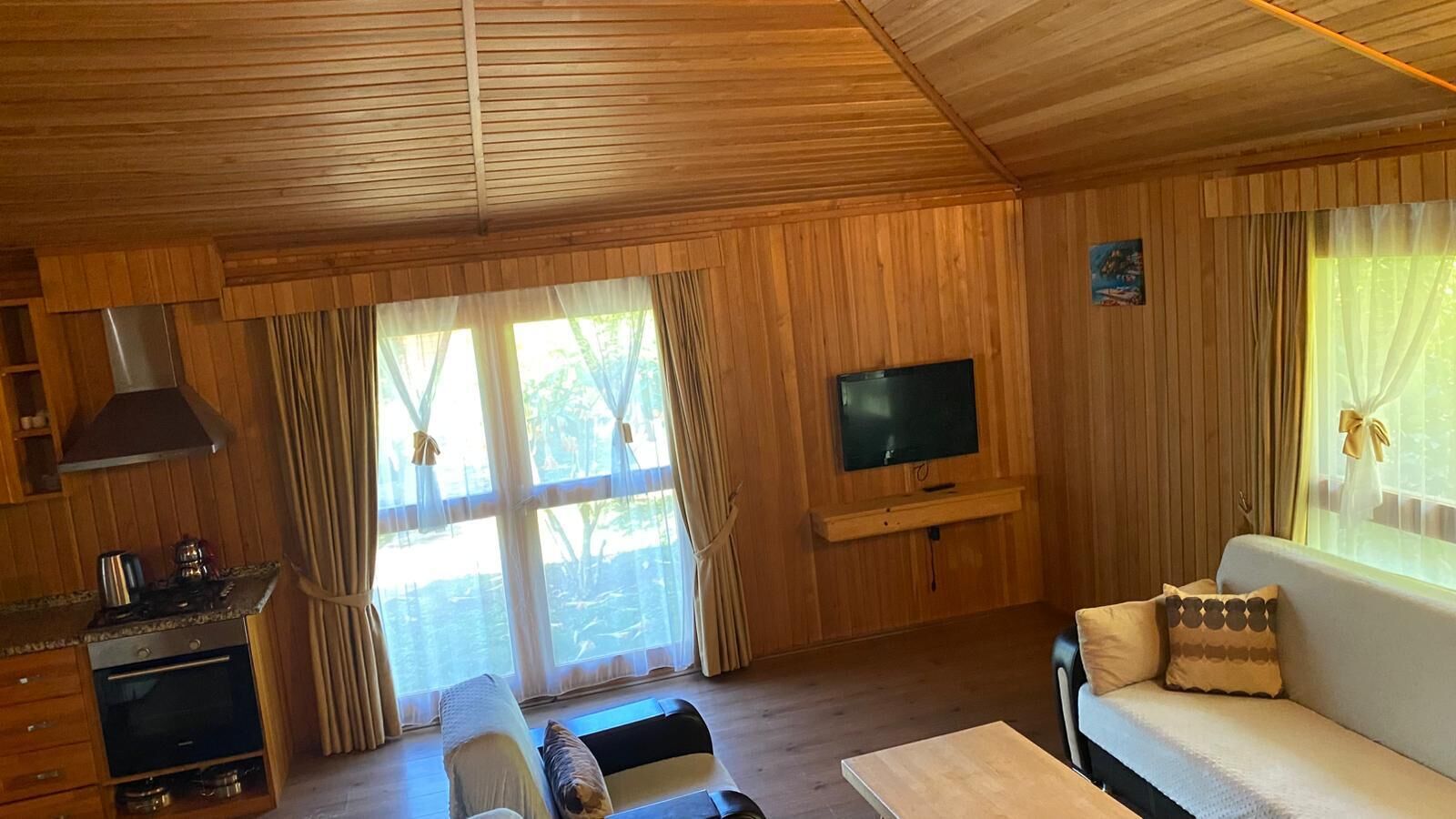 A wooden-paneled room with a sofa, TV, and kitchen area.