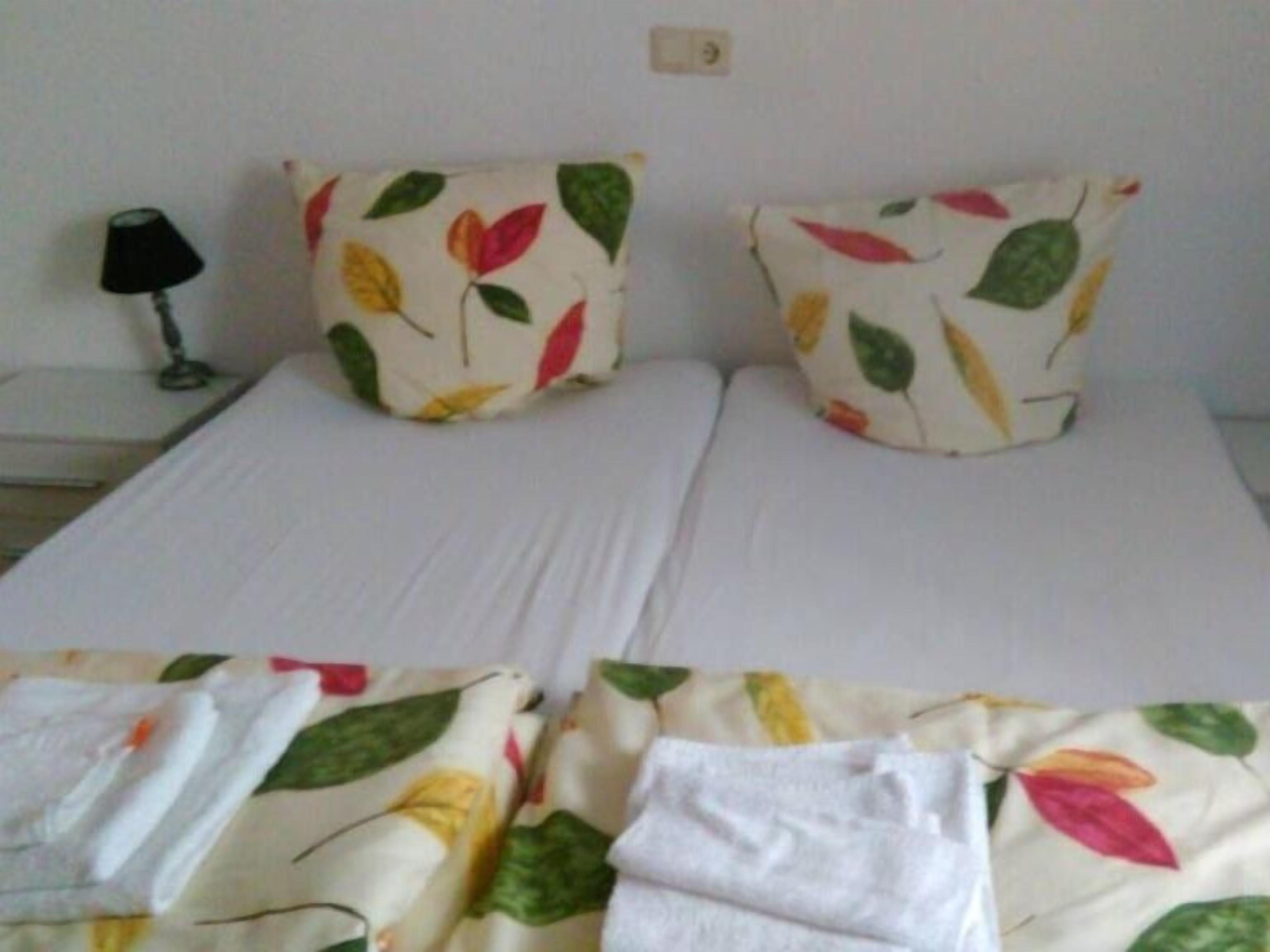 Een kamer met twee bedden, elk voorzien van een kussen met een kleurrijk bladmotief en keurig opgevouwen witte handdoeken.
