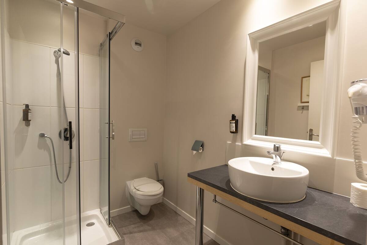 chambre double | bathroom | shower, hair dryer, towels, soap