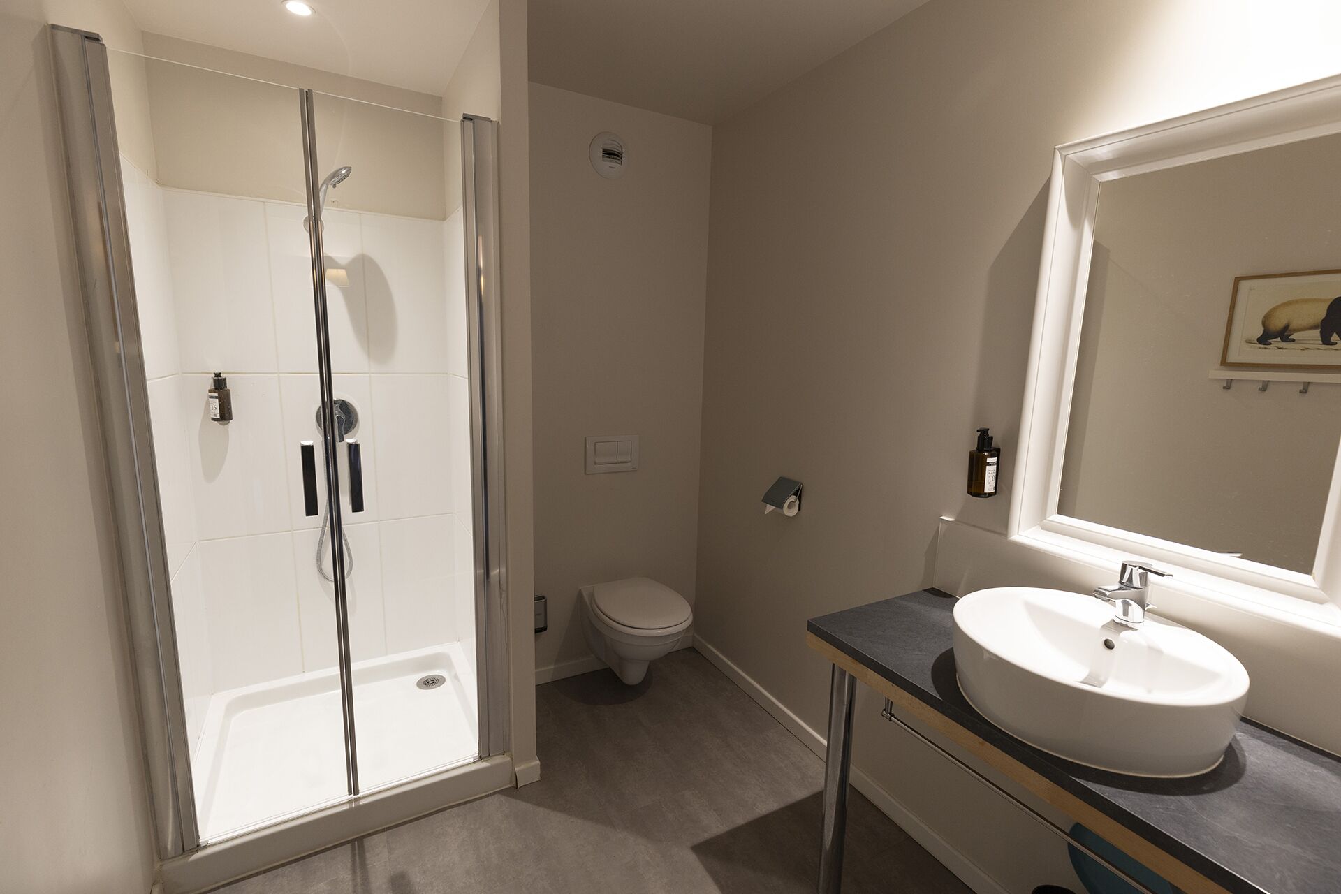 chambre quadruple | bathroom | shower, hair dryer, towels, soap