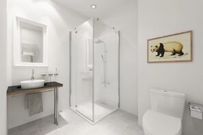 Een moderne badkamer met een douchecabine van glas, een witte wastafel en een toilet.