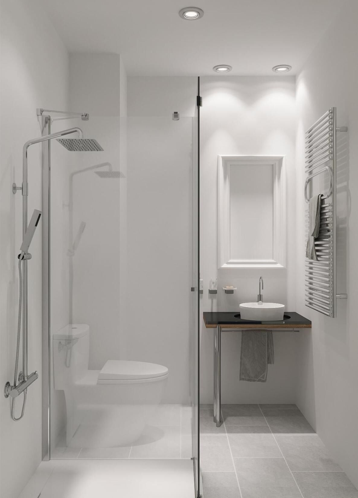 Douche, sèche-cheveux, serviettes fournies, savon