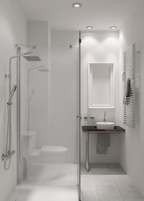 Douche, sèche-cheveux, serviettes fournies, savon