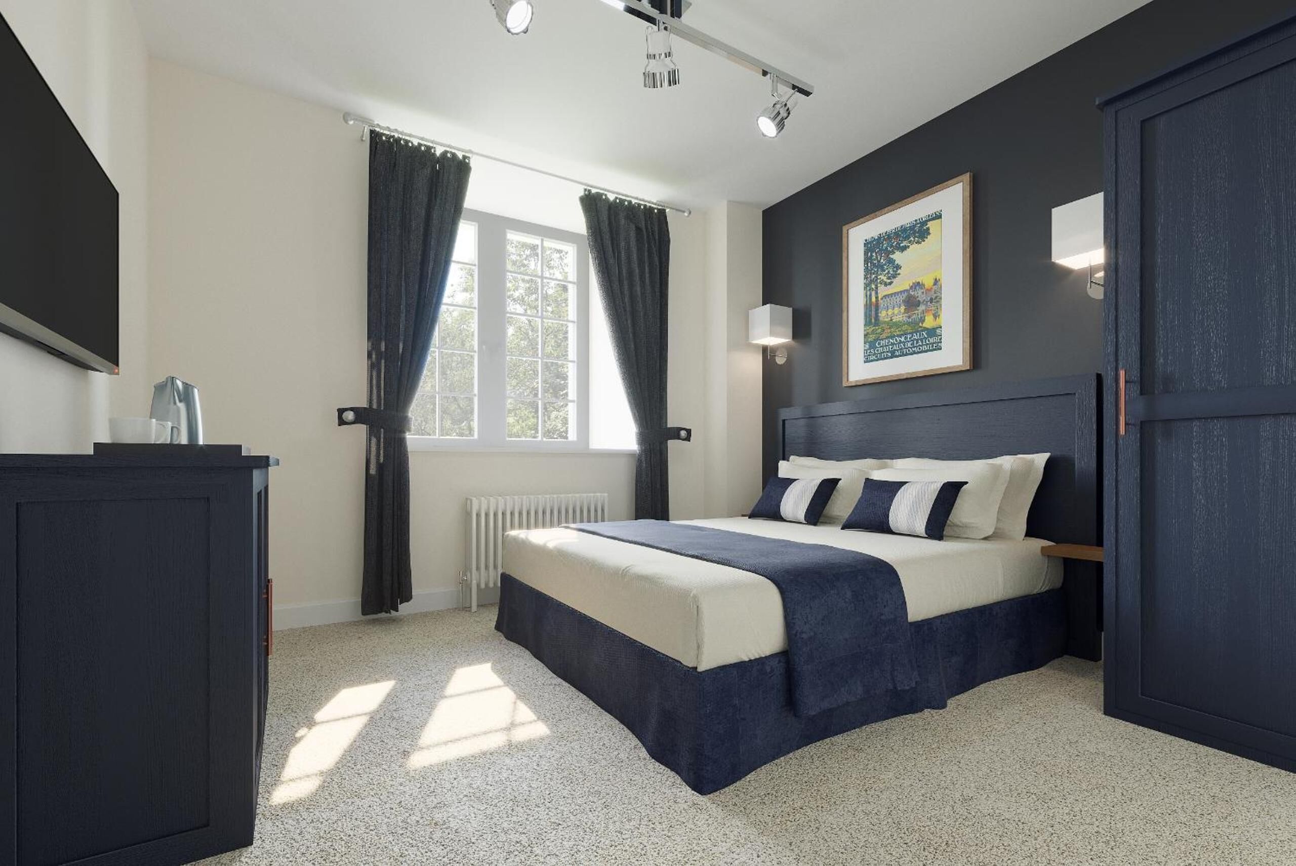 individually decorated, individually furnished, blackout curtains