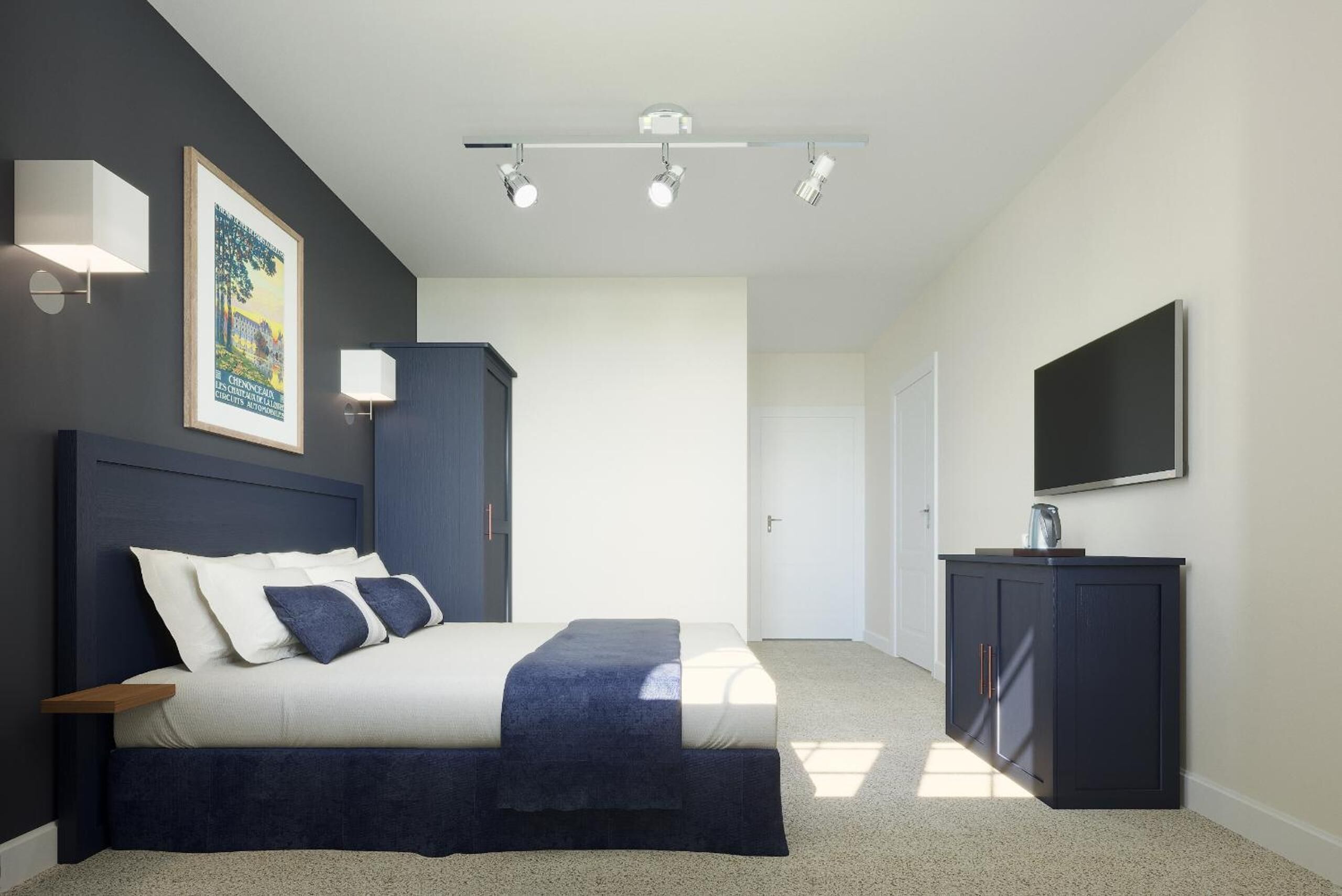 A modern bedroom with a bed, bedside tables, a wardrobe, a television, and a framed picture on the wall.