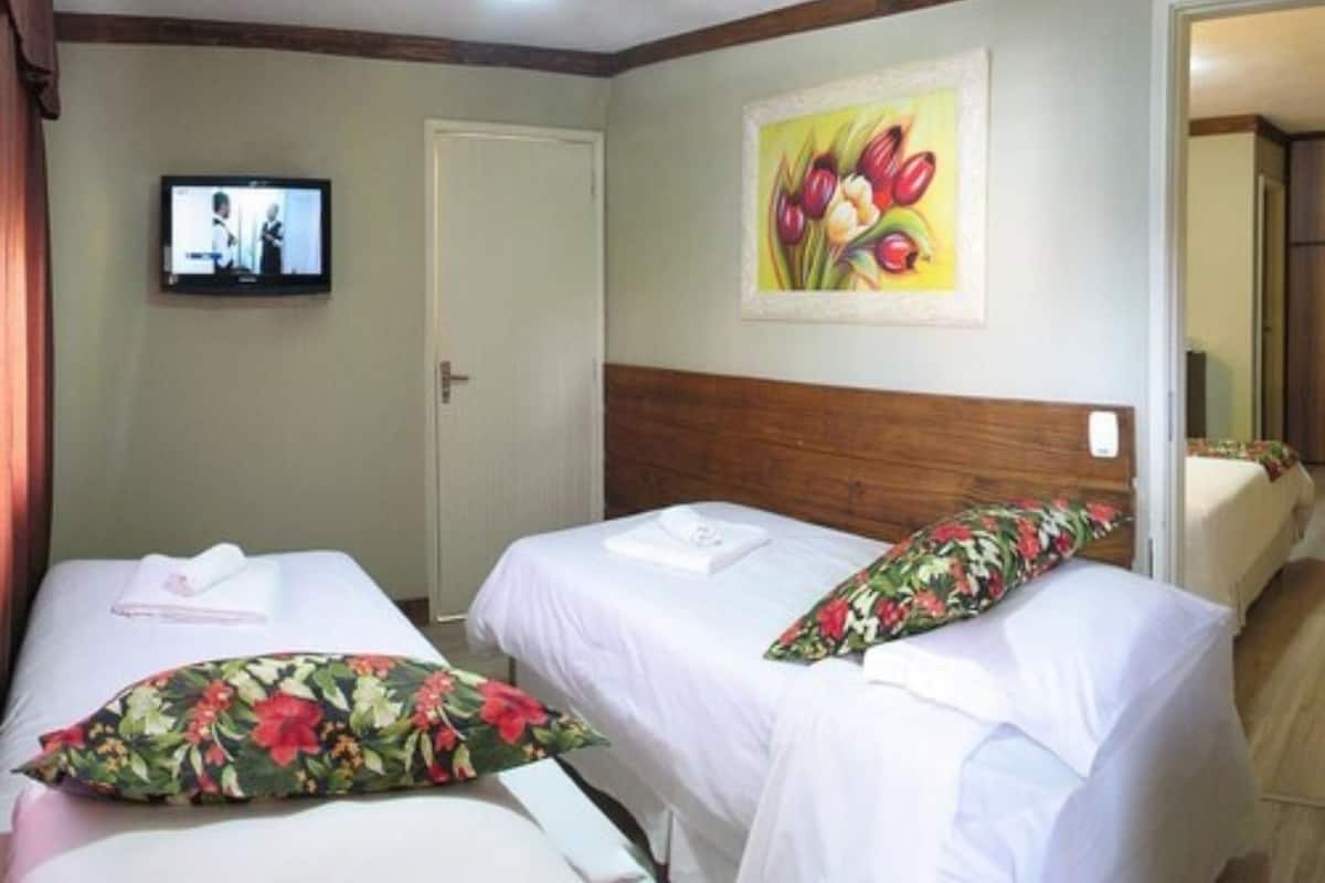 Una habitación de hotel con dos camas, un televisor en la pared y un cuadro de tulipanes.