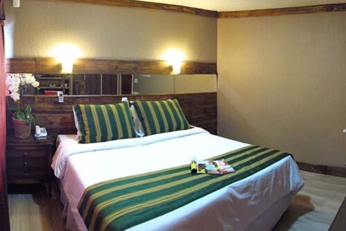 Una habitación de hotel con cama, mesita de noche, lámpara y una planta en maceta.