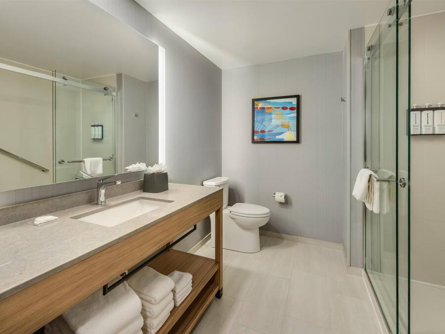 A modern bathroom with a glass shower enclosure, a large mirror, a wooden vanity, and a toilet.
