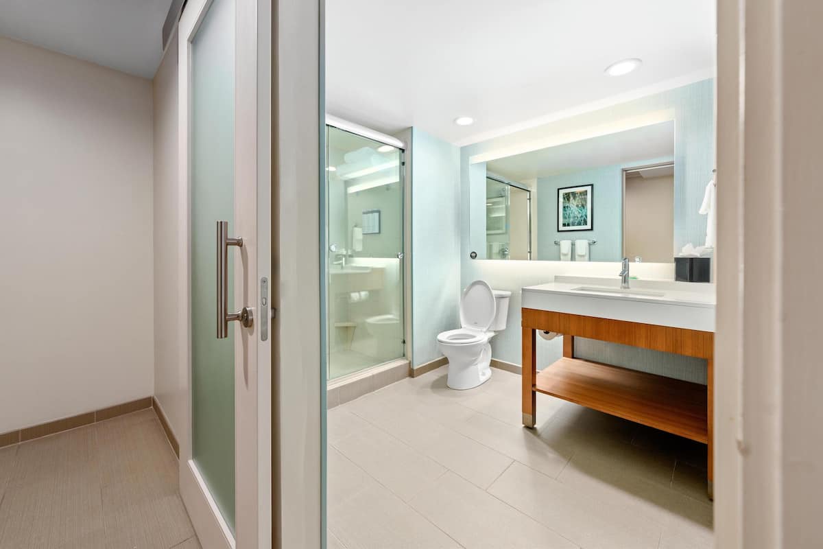 A modern bathroom with a glass shower enclosure, a white toilet, and a wooden vanity with a mirror.