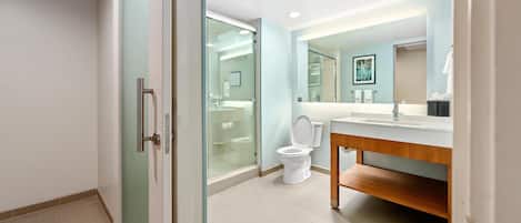 A modern bathroom with a glass shower enclosure, a white toilet, and a wooden vanity with a mirror.