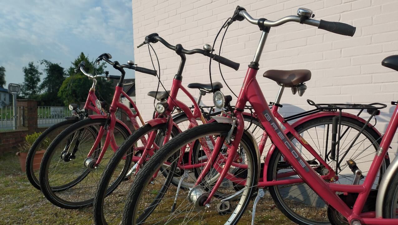 Una fila de bicicletas rojas estacionadas frente a una pared blanca.