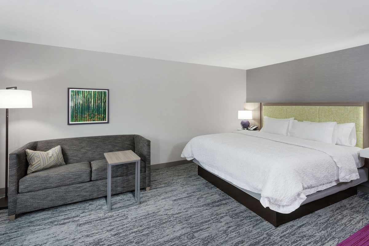 Una habitación de hotel con una cama, un sofá, una mesita, una lámpara y un cuadro en la pared.